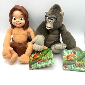 Vintage Mattel Disney Baby Tarzan and Flynt Plush Hard Vinyl Head 2 Toy Lot 1999